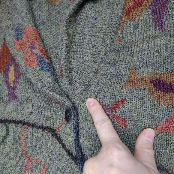 Peruvian Connection 100% Alpaca Green Floral Knit Cozy Cardigan Sweater Large - Picture 8 of 10